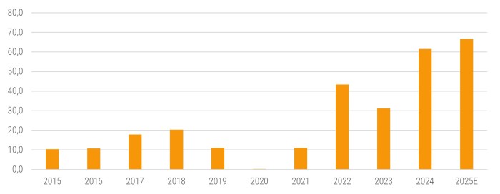 Figuur 5: Netto binnenlandse stromen in Indiase aandelen (miljarden USD)
