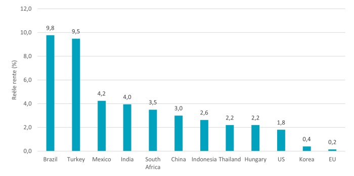 Figuur 7: Reële rentes blijven hoog in veel opkomende landen